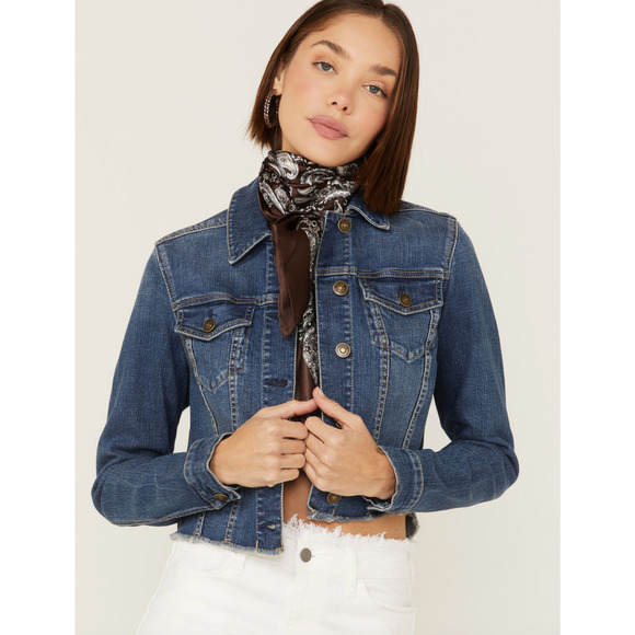 Shyanne Jacket Womens L Large Denim Button Front Pockets Collar Cropped Fray Hem - Picture 10 of 11